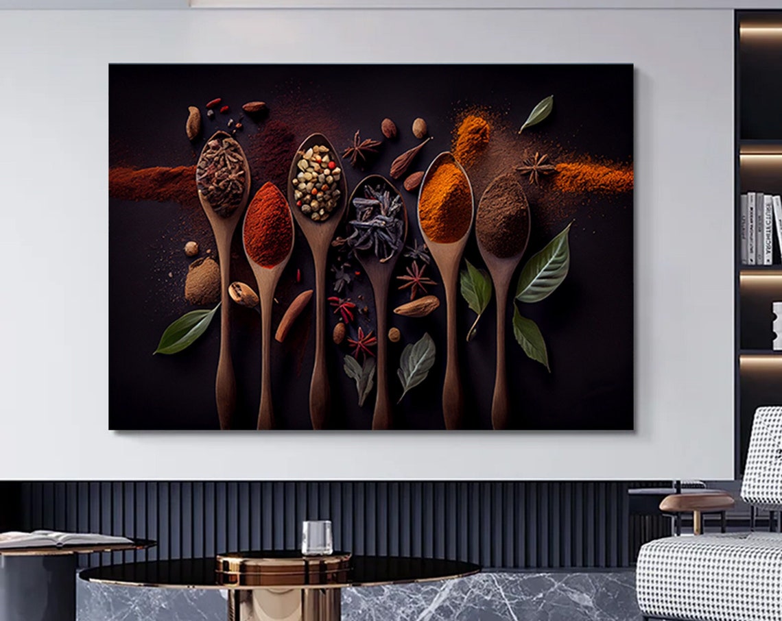 Wooden Spoons Colorful Spices Dark Background Kitchen Poster