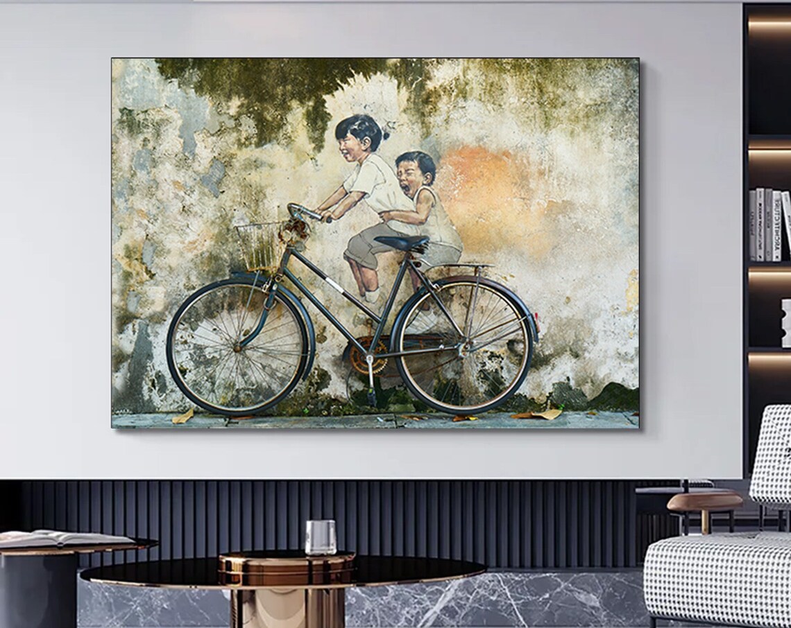 Children Riding Bicycle Street Mural Joyful Vintage Style Poster