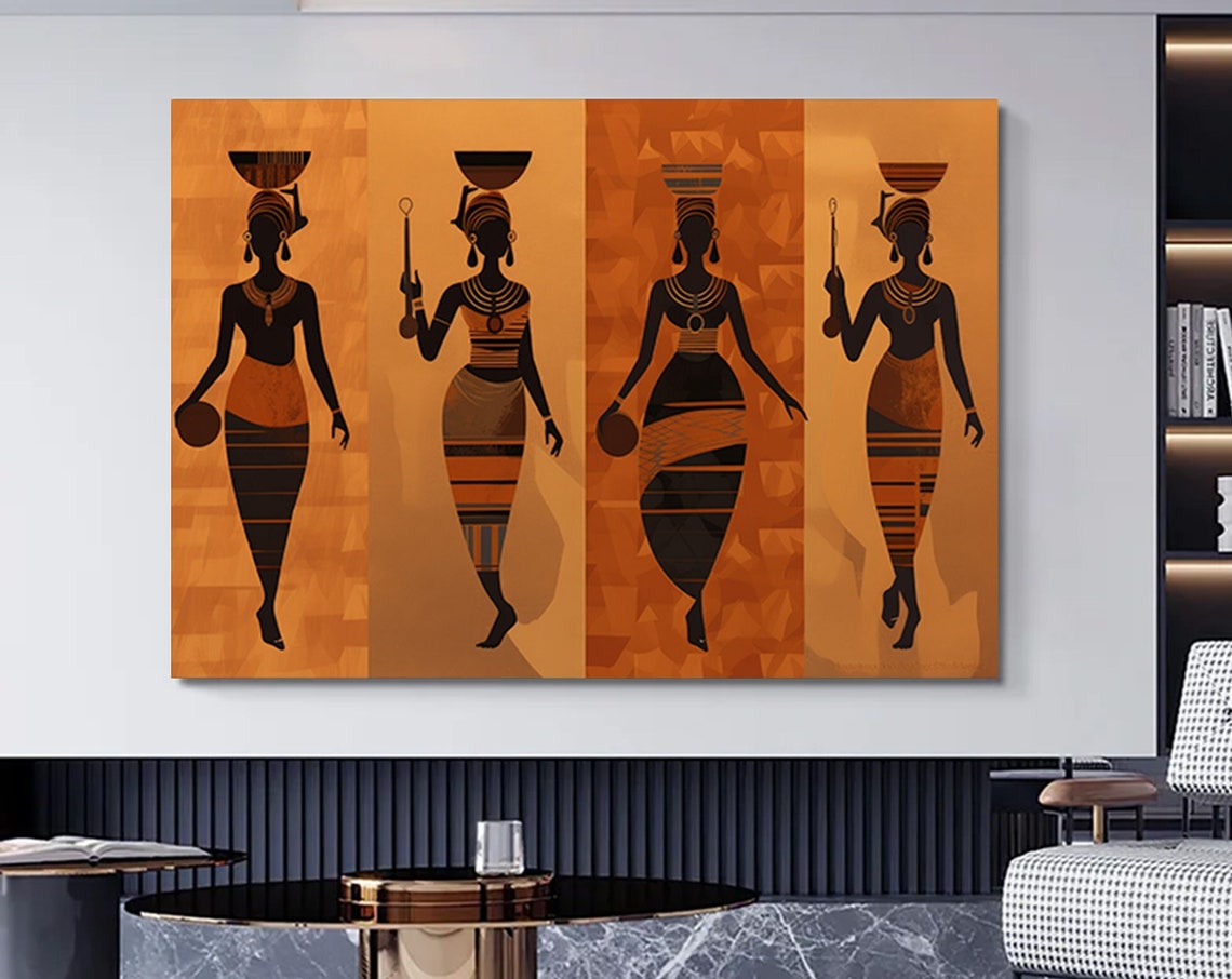 African Tribal Women Silhouettes Orange Gold Patterned Panels Poster