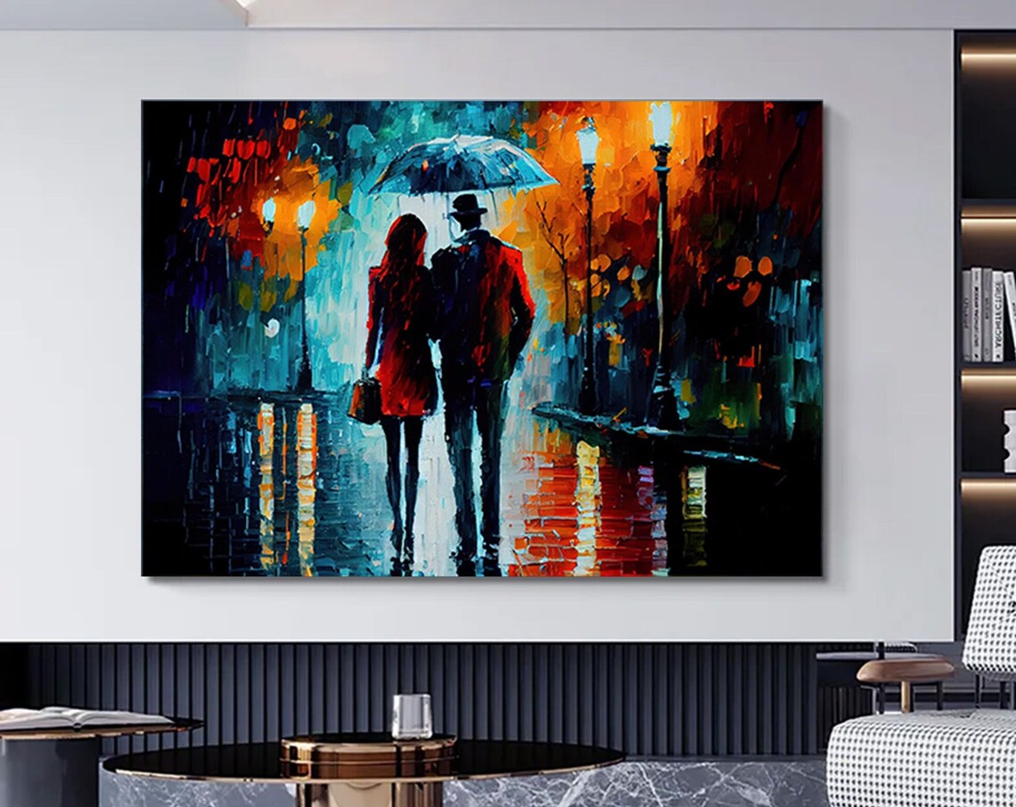 Romantic Couple Umbrella Rainy Night Street City Painting Poster