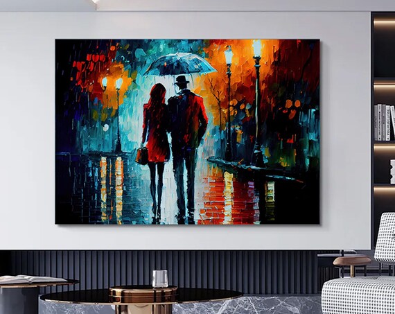 Romantic Couple Umbrella Rainy Night Street City Painting Poster