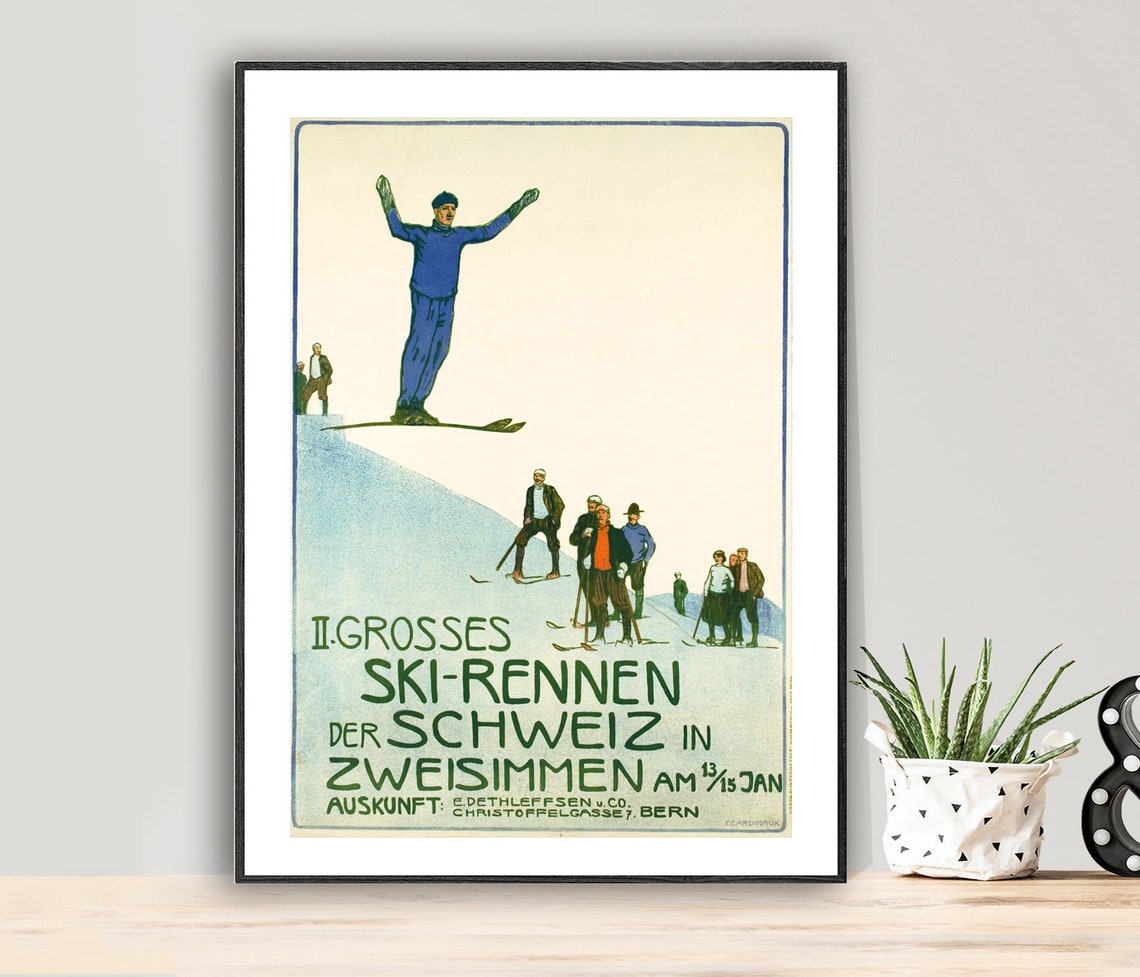 II Grosses Ski Rennen Schweiz Zweisimmen Vintage Ski Race Poster