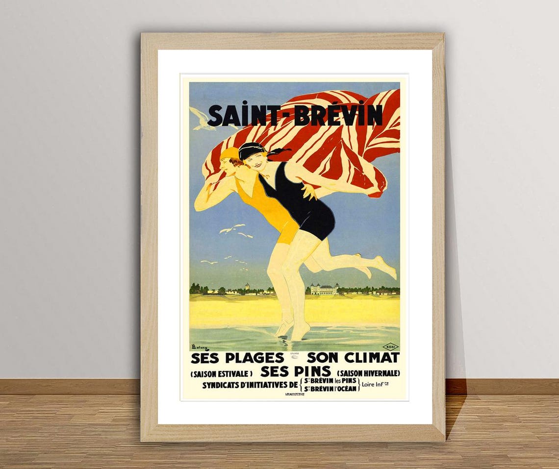 Saint Brevin France Bathers Striped Tent Beach Vintage Travel Poster - Image 3