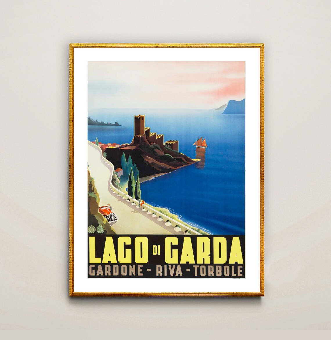 Lago Di Garda Castle Coast Road Red Car Vintage Italy Travel Poster - Image 2