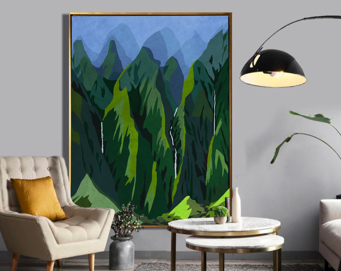 Hawaii Mountains Abstract Art, Mid-Century Landscape