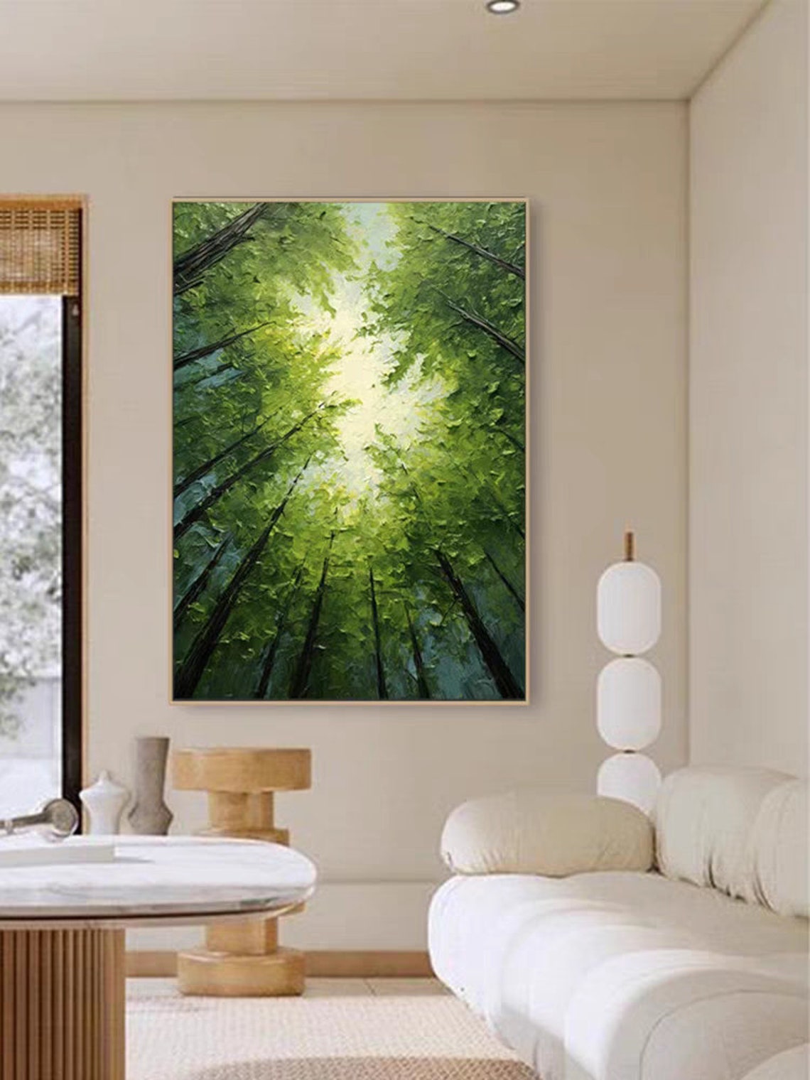 Fresh Tone Nature Painting On Green Forest And Sky Wall Art Hand Painted Gift For Home Decor Extra Large Acrylic Artwork Summer Gift - Image 2