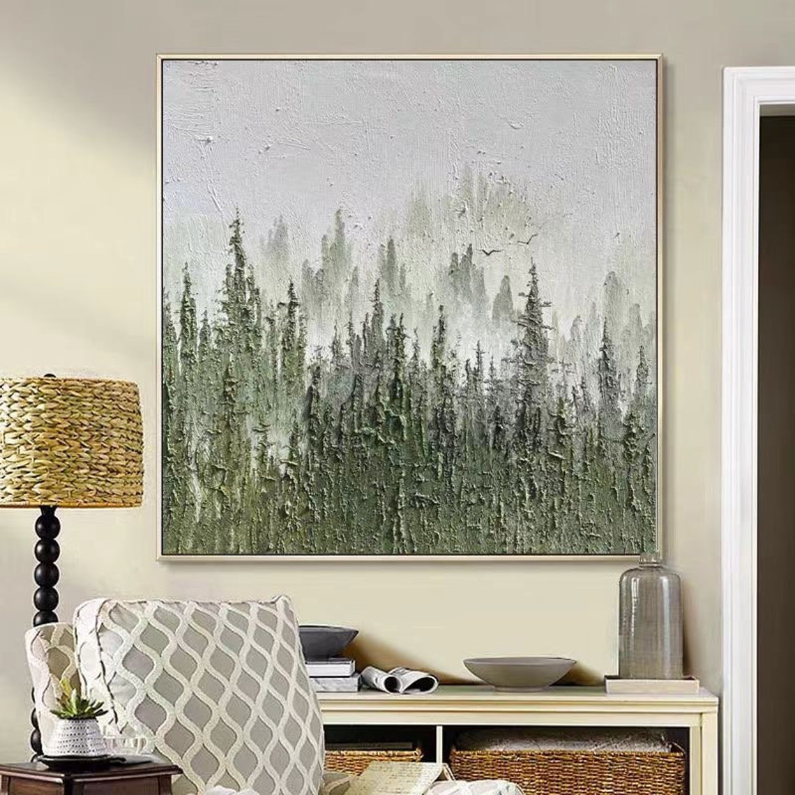 Misty Pine Forest White Fog Square Textured Oil Painting Poster - Image 3