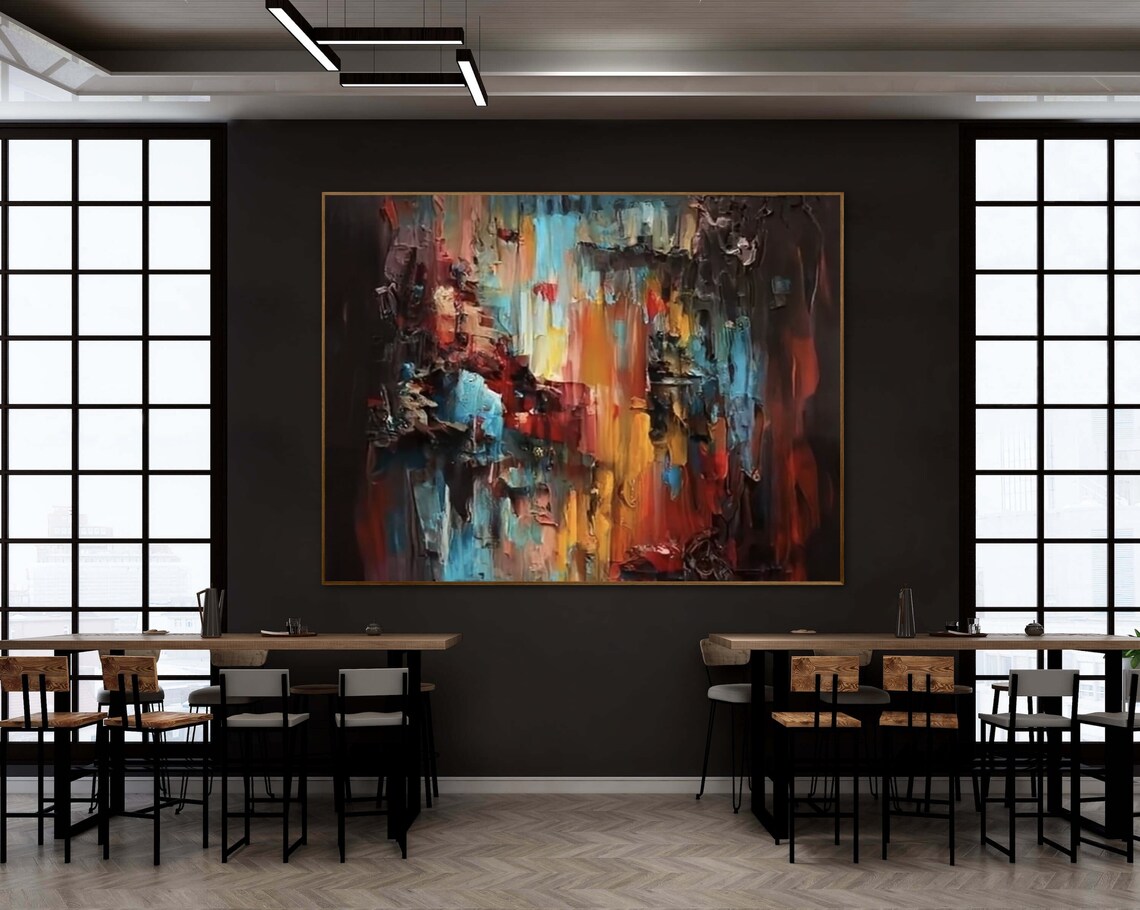 Moody Dark Abstract Blue Red and Gold Textured Oil Painting Poster - Image 2