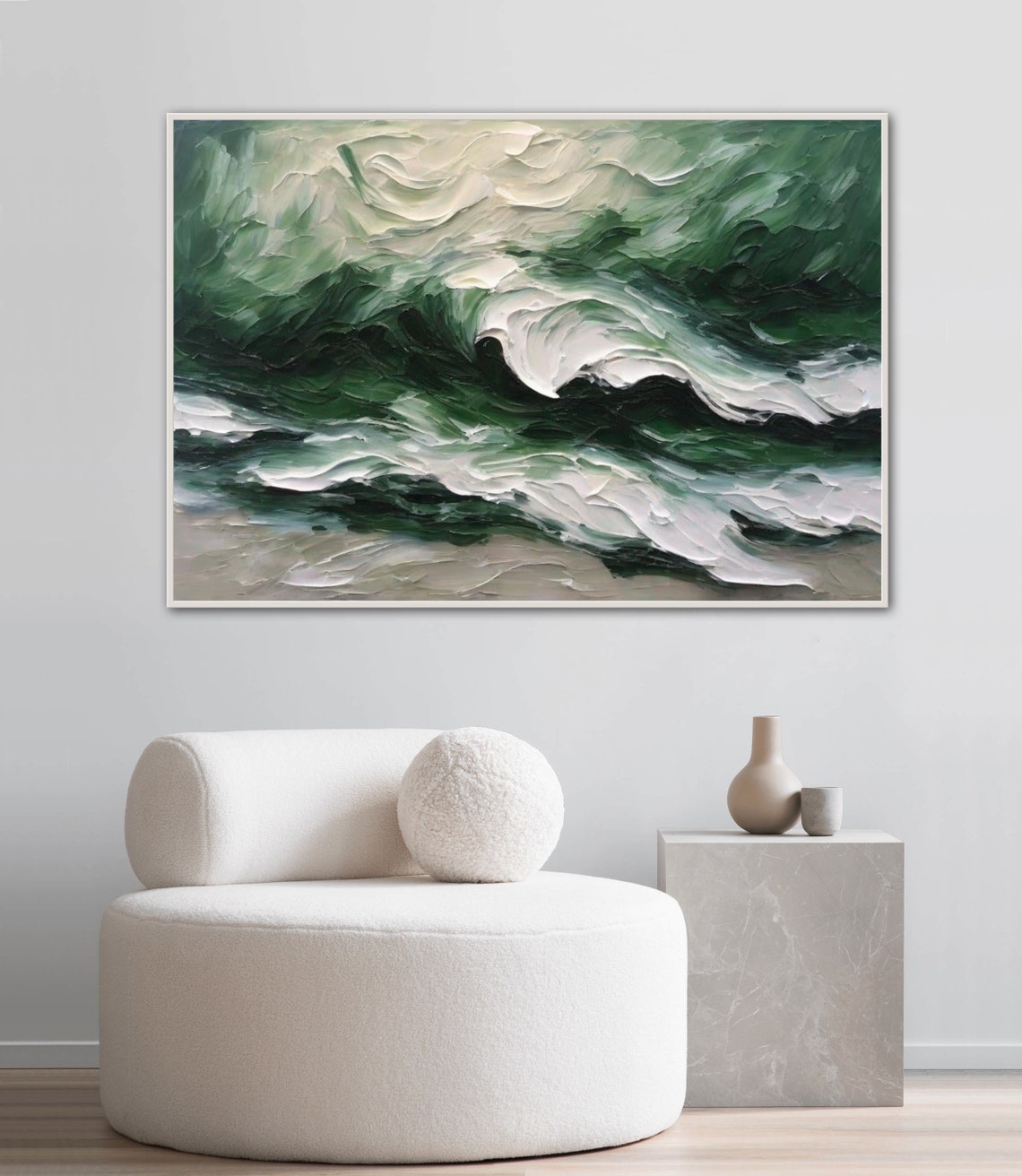 Dark Green and White Crashing Waves Thick Textured Art Poster - Image 3