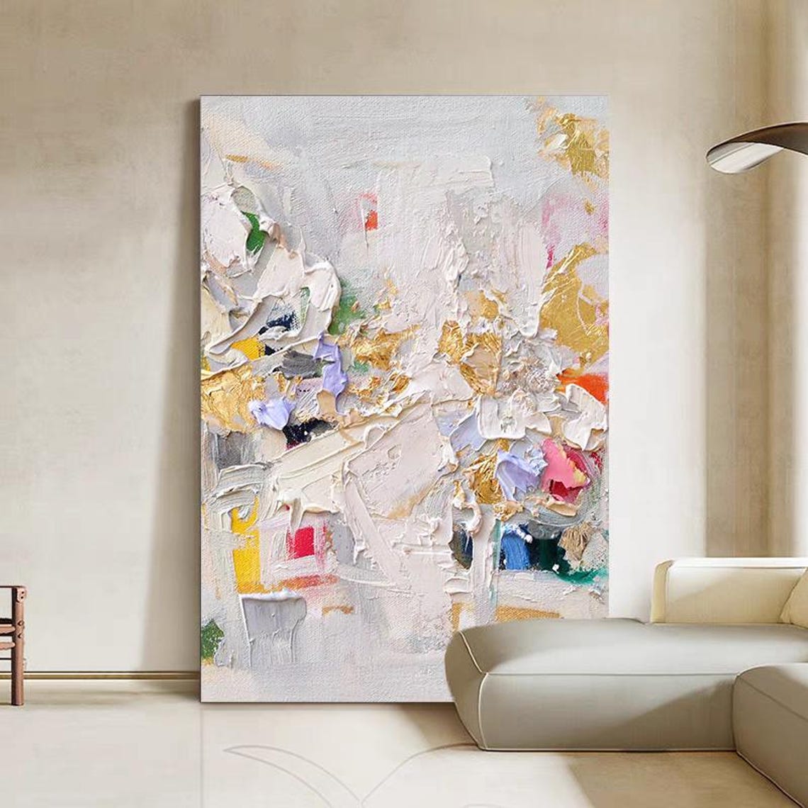 White Gold and Pink Palette Knife Strokes Abstract Art Poster - Image 2