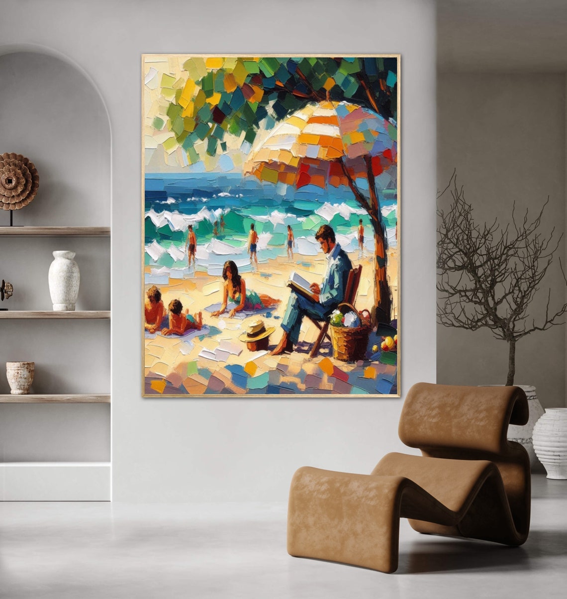 Family Beach Day Reading With Picnic Impasto Coastal Art Poster - Image 3