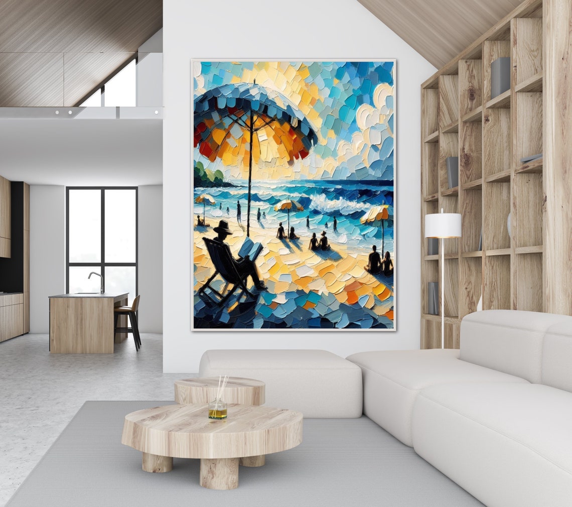 Beach Umbrella and Reader Impasto Colorful Coastal Art Poster - Image 2