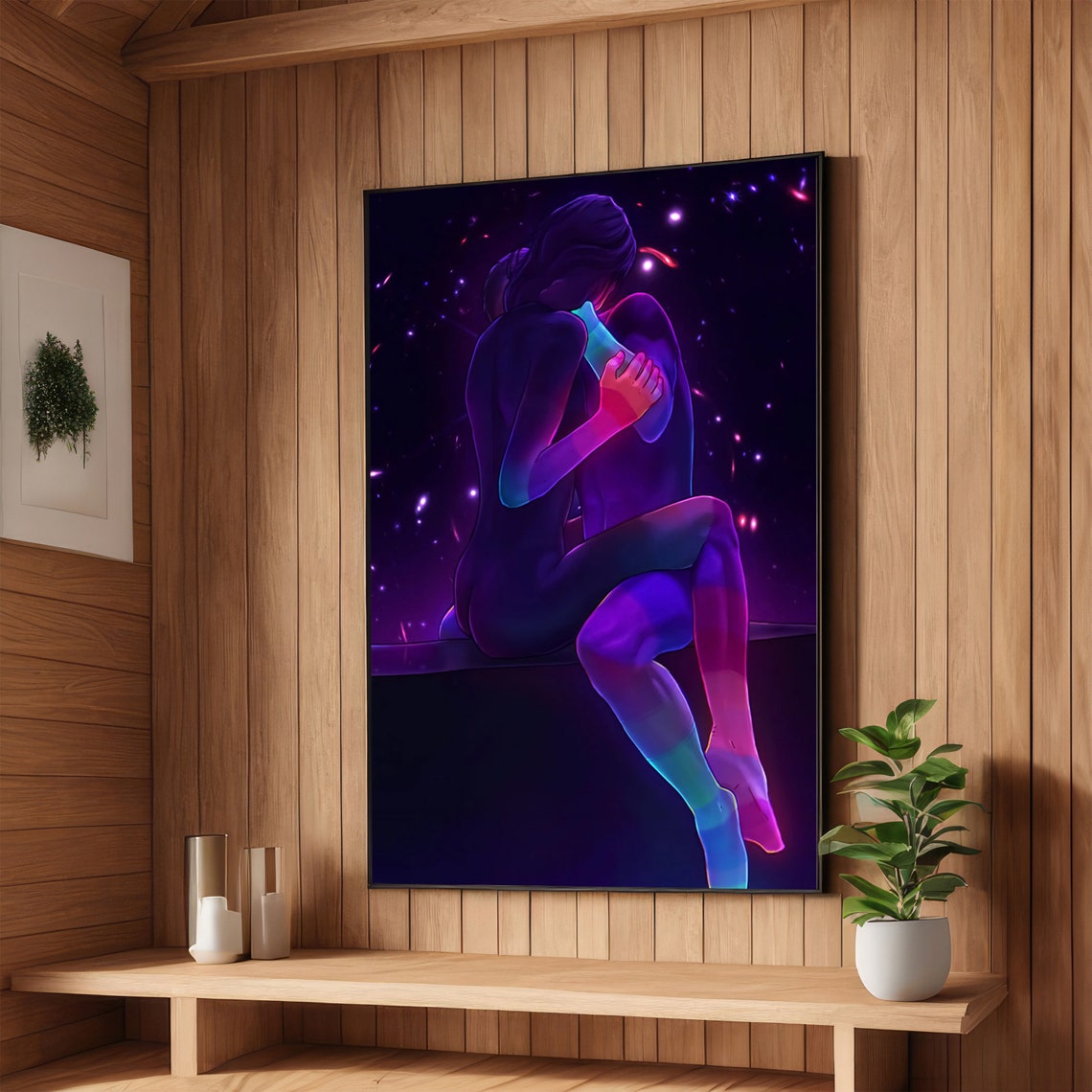 Neon Couple Embrace Under Starry Night Blue Purple Art Poster