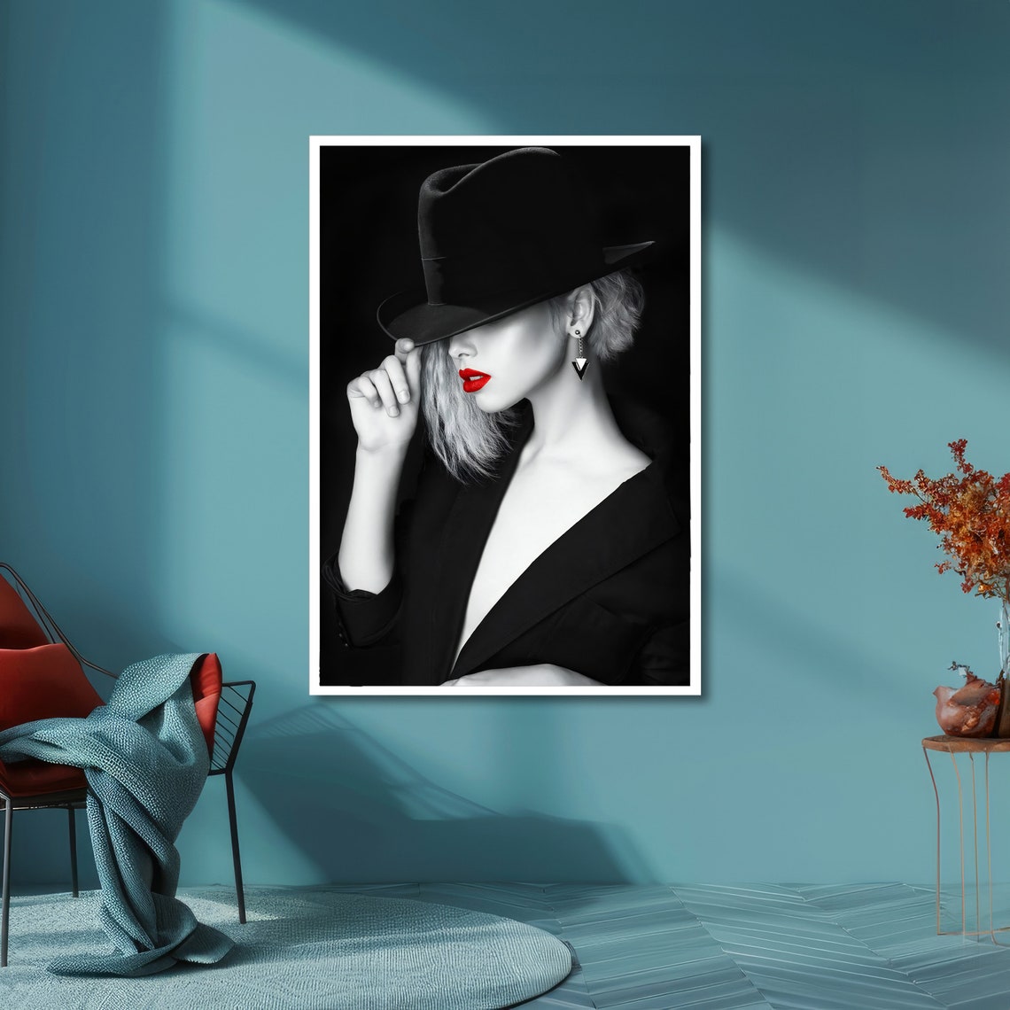 Striking Mysterious Woman In Black Hat Red Lips Noir Elegance Poster - Image 6