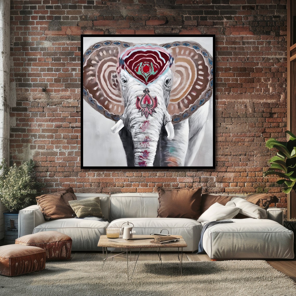 Ornate Mandala Decorated Elephant Head Earth Tones White Art Poster - Image 4