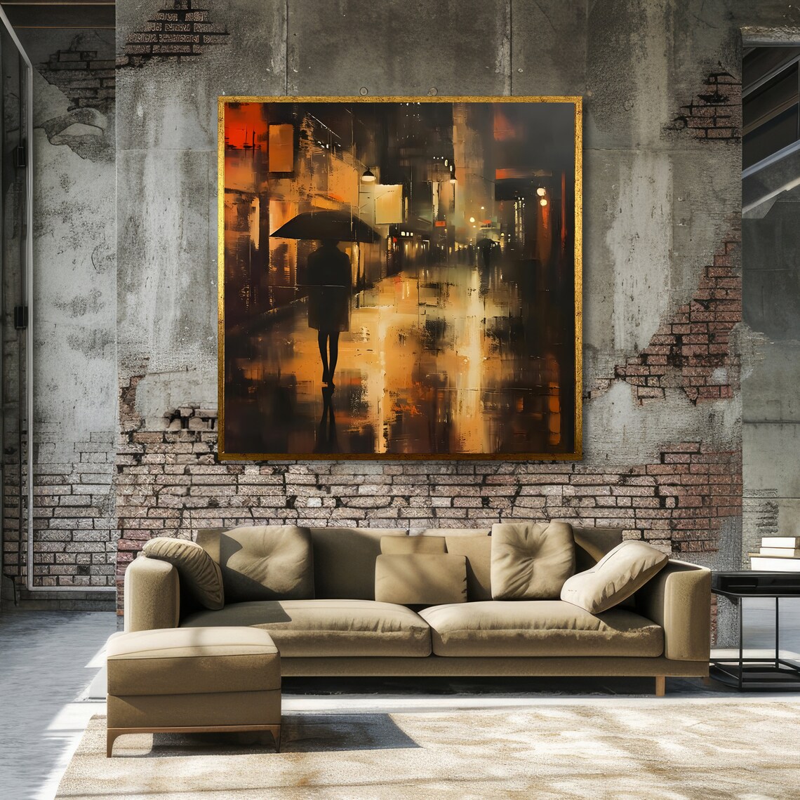 Lonely Figure With Umbrella Rainy Night City Street Scene Poster - Image 3