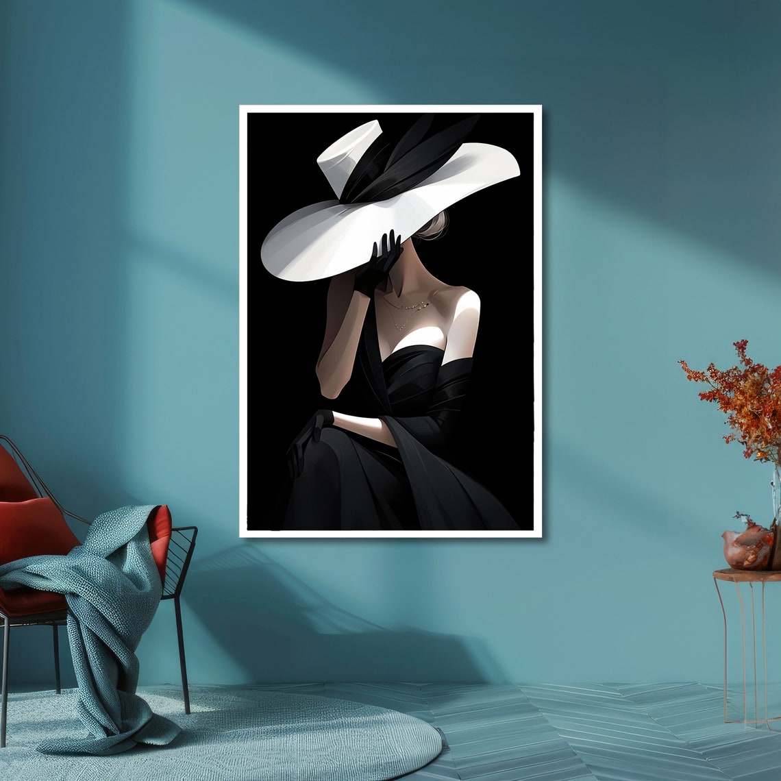 Elegant Lady in Black With a Wide White Hat Glamour Art Poster - Image 6