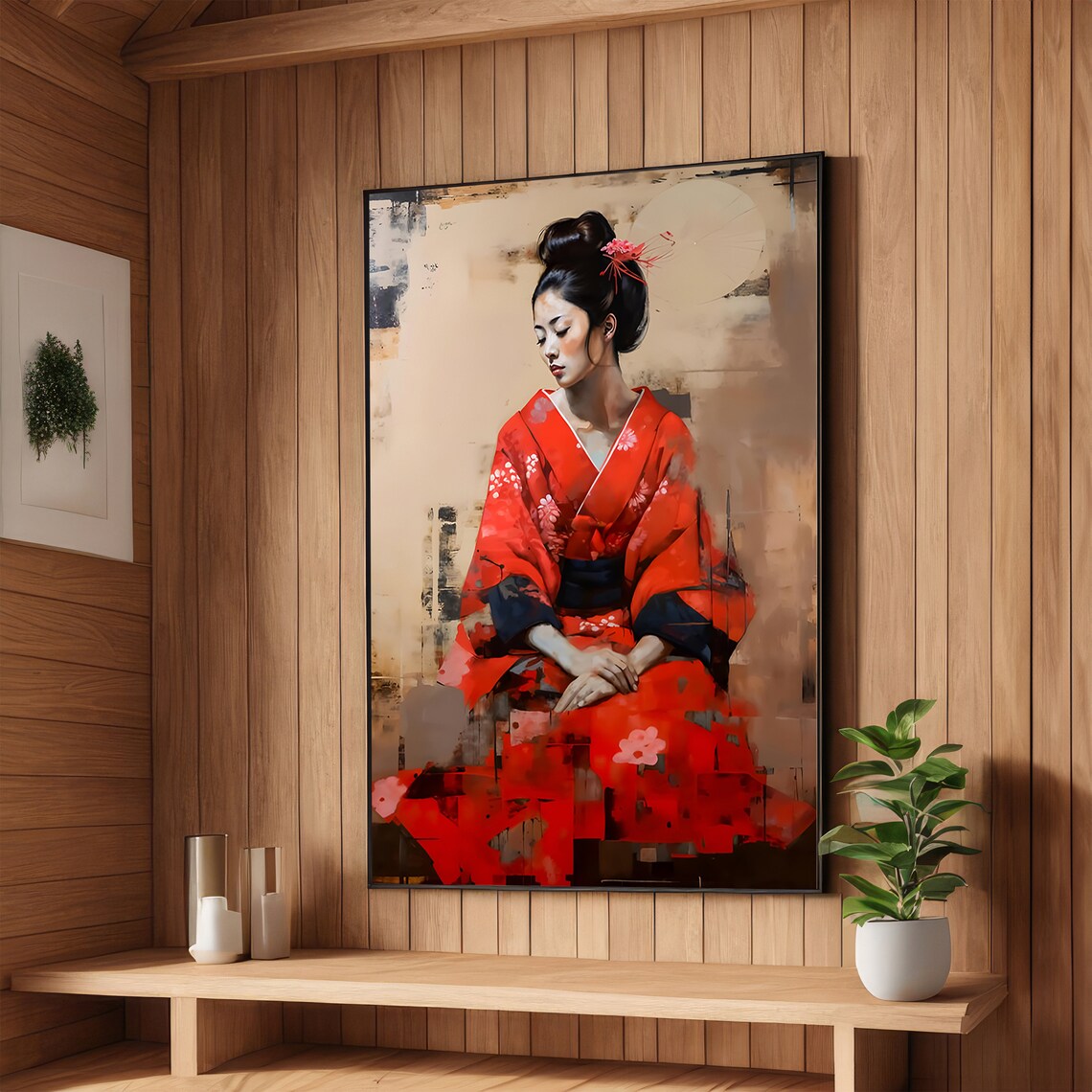 Seated Geisha in Red Kimono Elegant Serene Japanese Art Poster