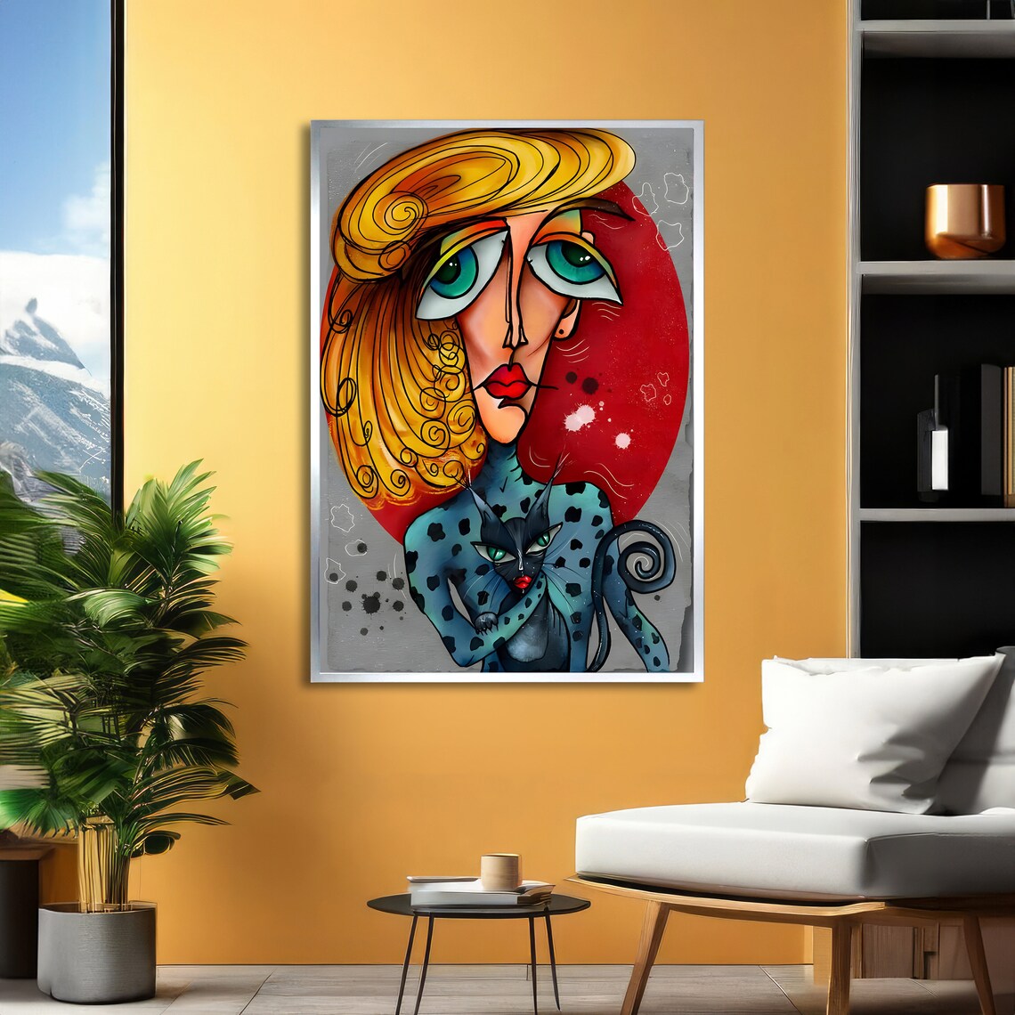 Abstract Cubist Woman With Black Cat Golden Hair Bold Art Poster - Image 2