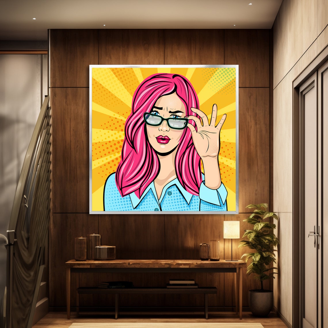 Pop Art Pink Haired Woman Glasses Yellow Sunburst Art Poster - Image 2
