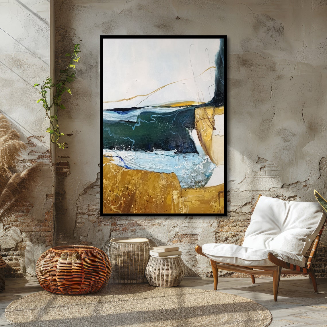 Abstract Coastal Ocean Waves Painting in Blue and Gold Tones Poster - Image 6