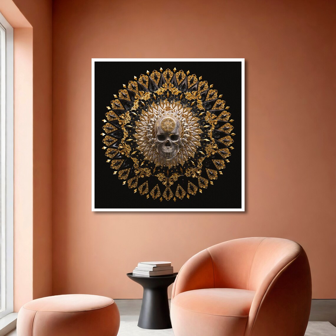 Golden Ornate Mandala Centered on a Skull Gothic Luxury Black Art Poster - Image 6