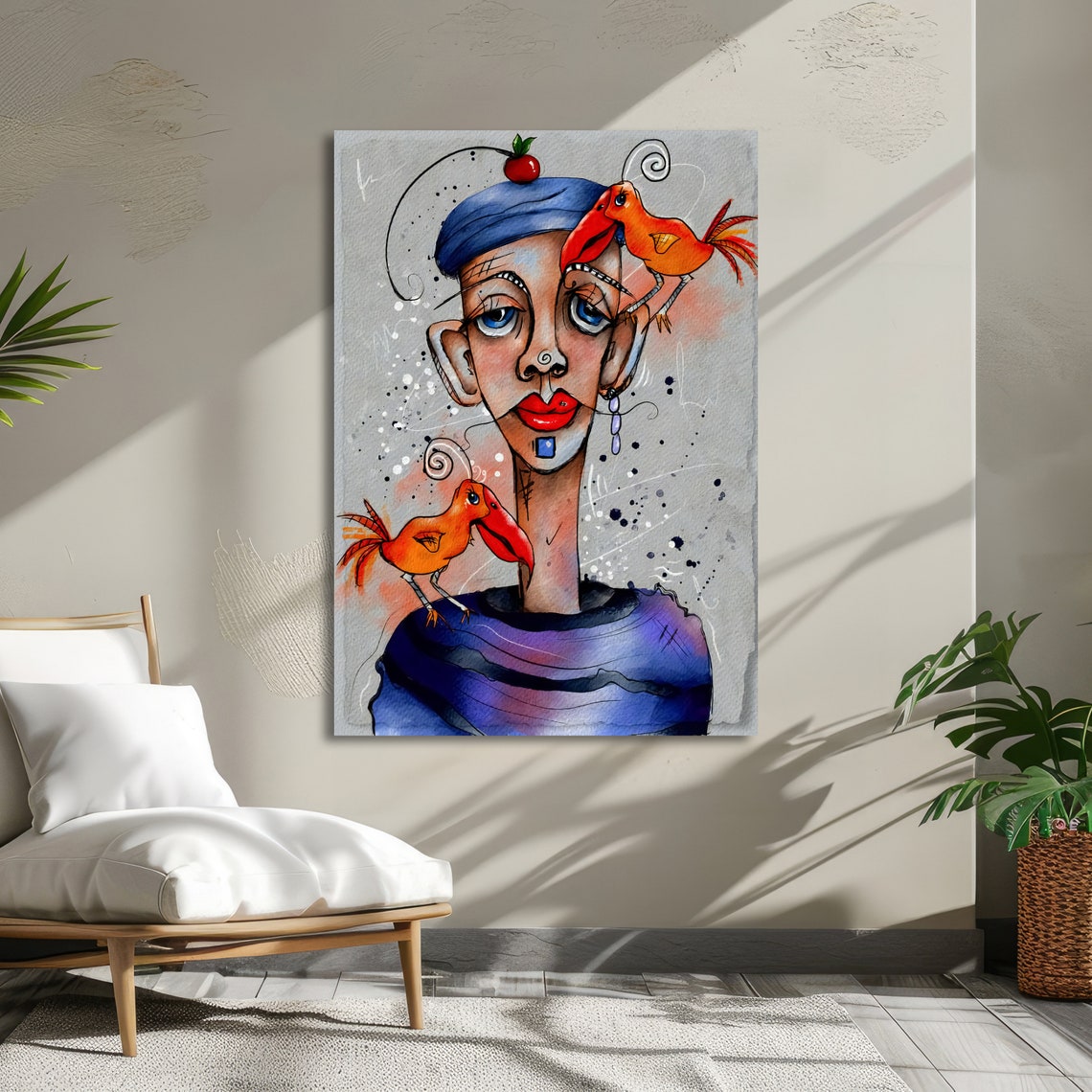 Whimsical Woman in Blue Hat with Cherry and Orange Birds Art Poster - Image 3