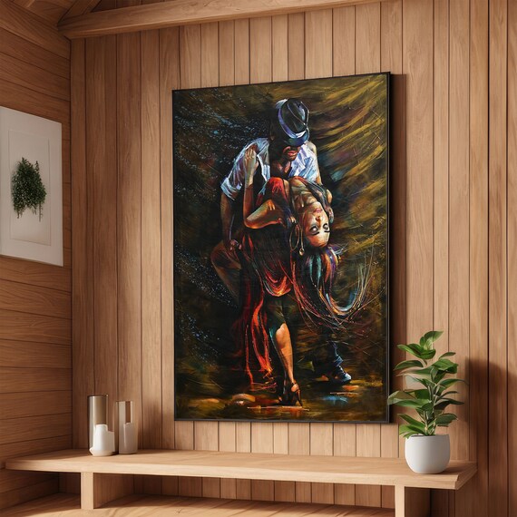 Tango Dancers Golden Green Palette Passionate Dance Painting Poster