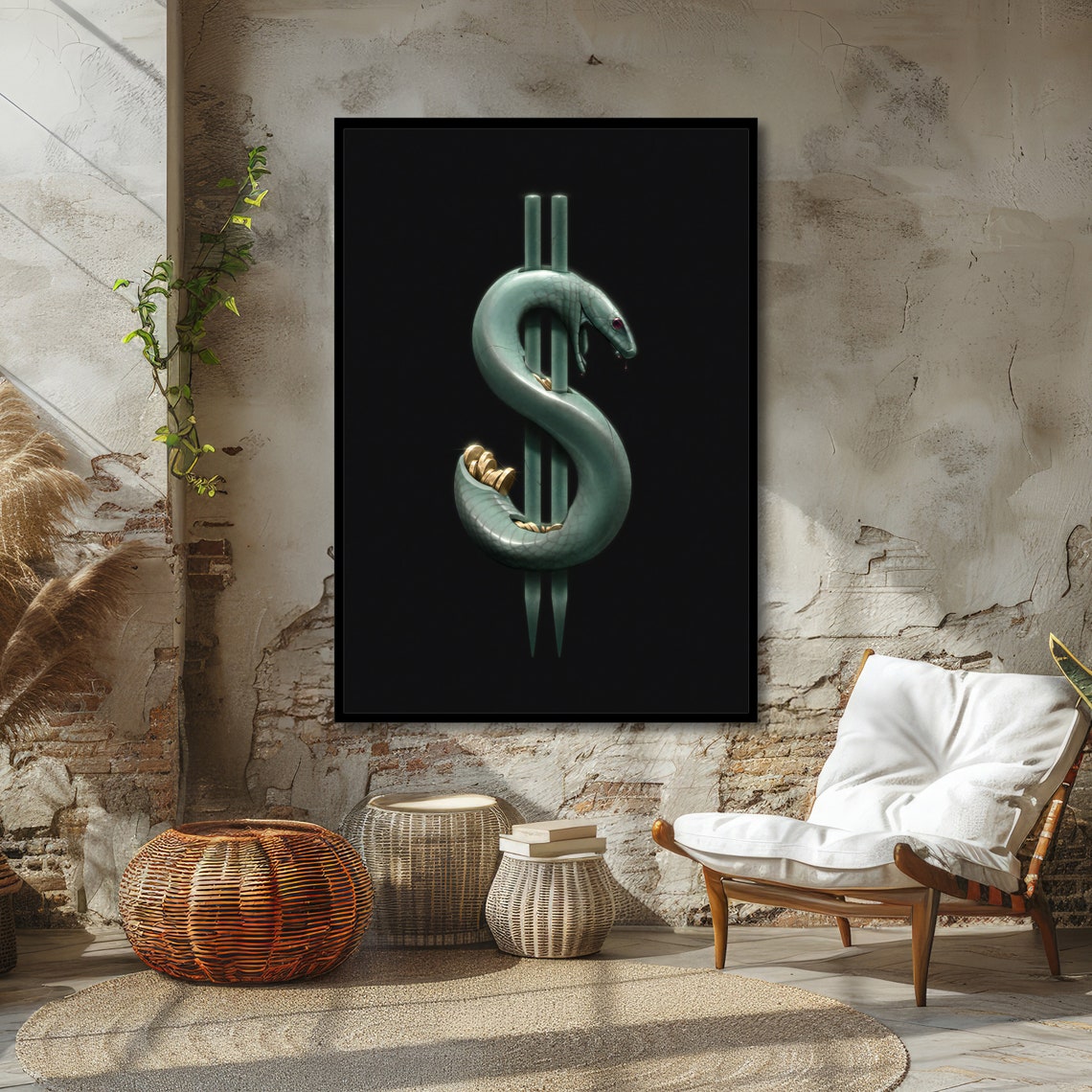 Green Snake Shaped Into a Dollar Sign Symbolic Wealth Art Poster - Image 4