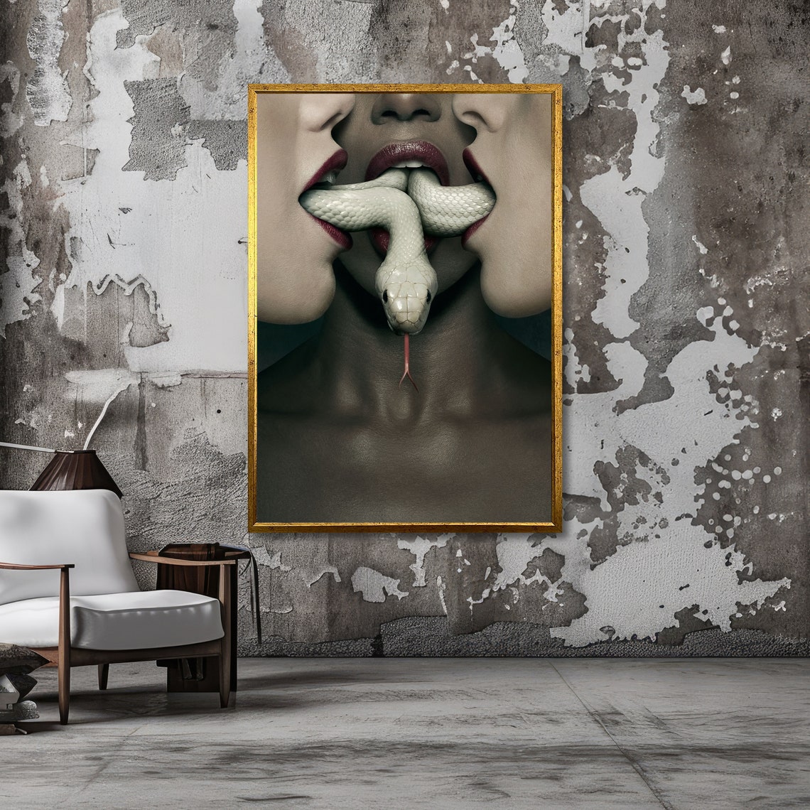 Sensual Close-Up Lips With a White Snake Surreal Erotic Art Poster - Image 3