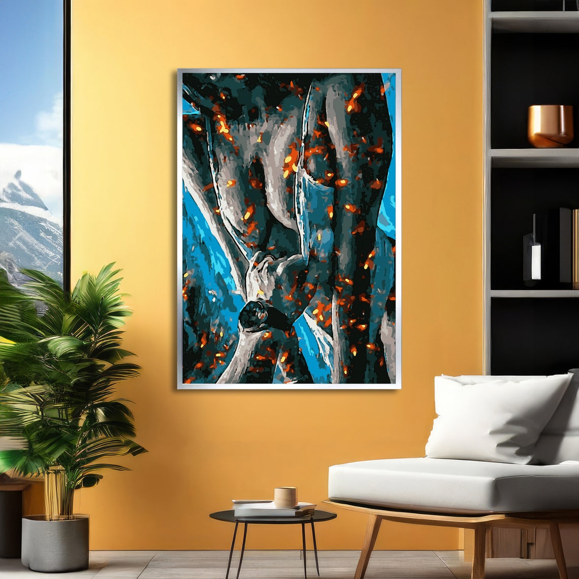 Erotic Embrace Abstract Lovers Entwined in Blue and Orange Art Poster - Image 2