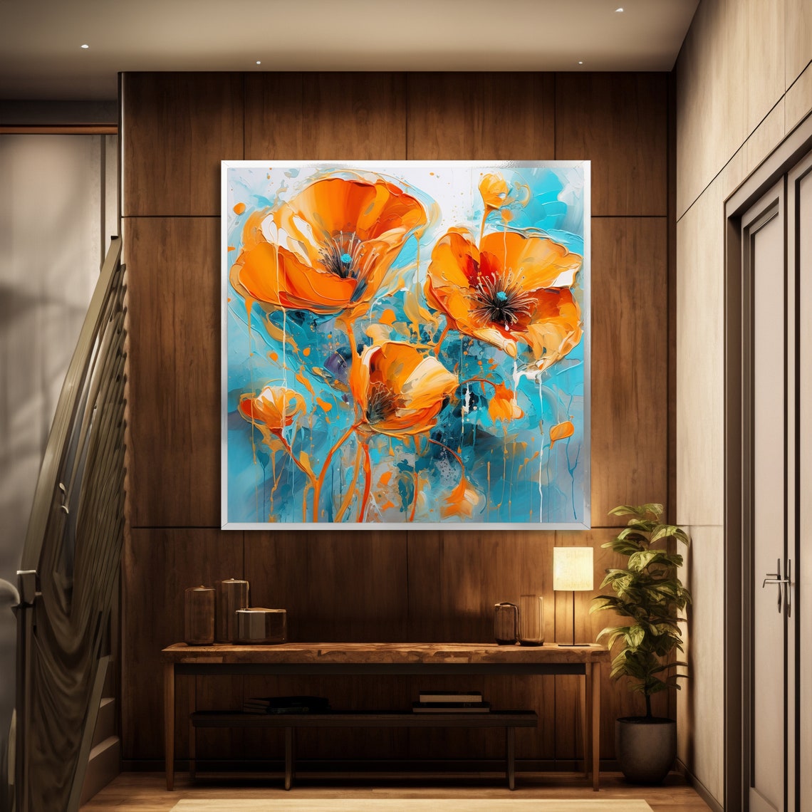 Orange Poppies On Turquoise Background Modern Bold Floral Poster - Image 4