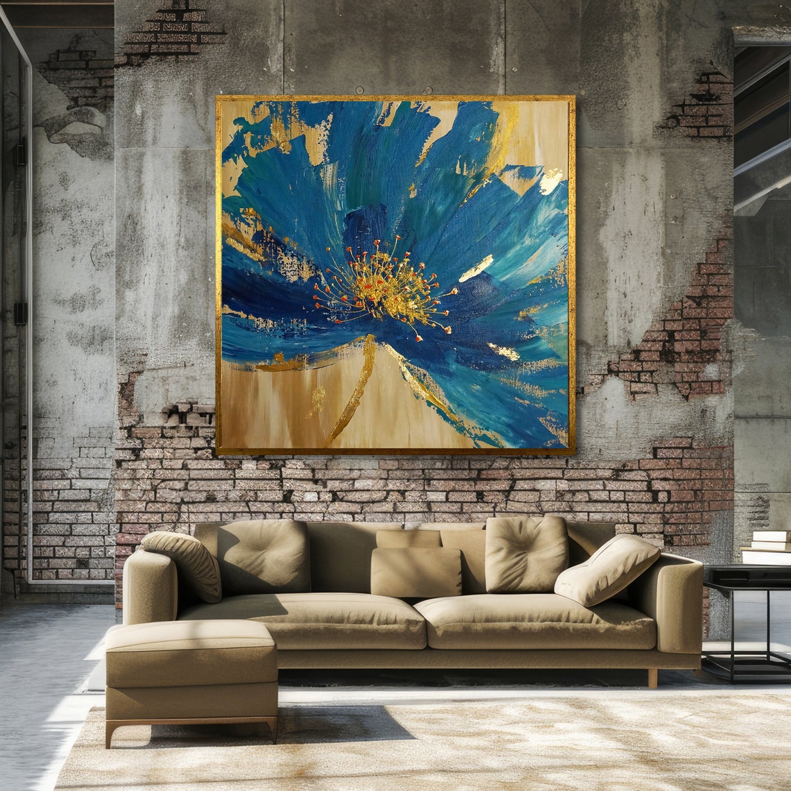Bold Blue Blossom With Gold Leaf Abstract Floral Painting Art Poster - Image 3