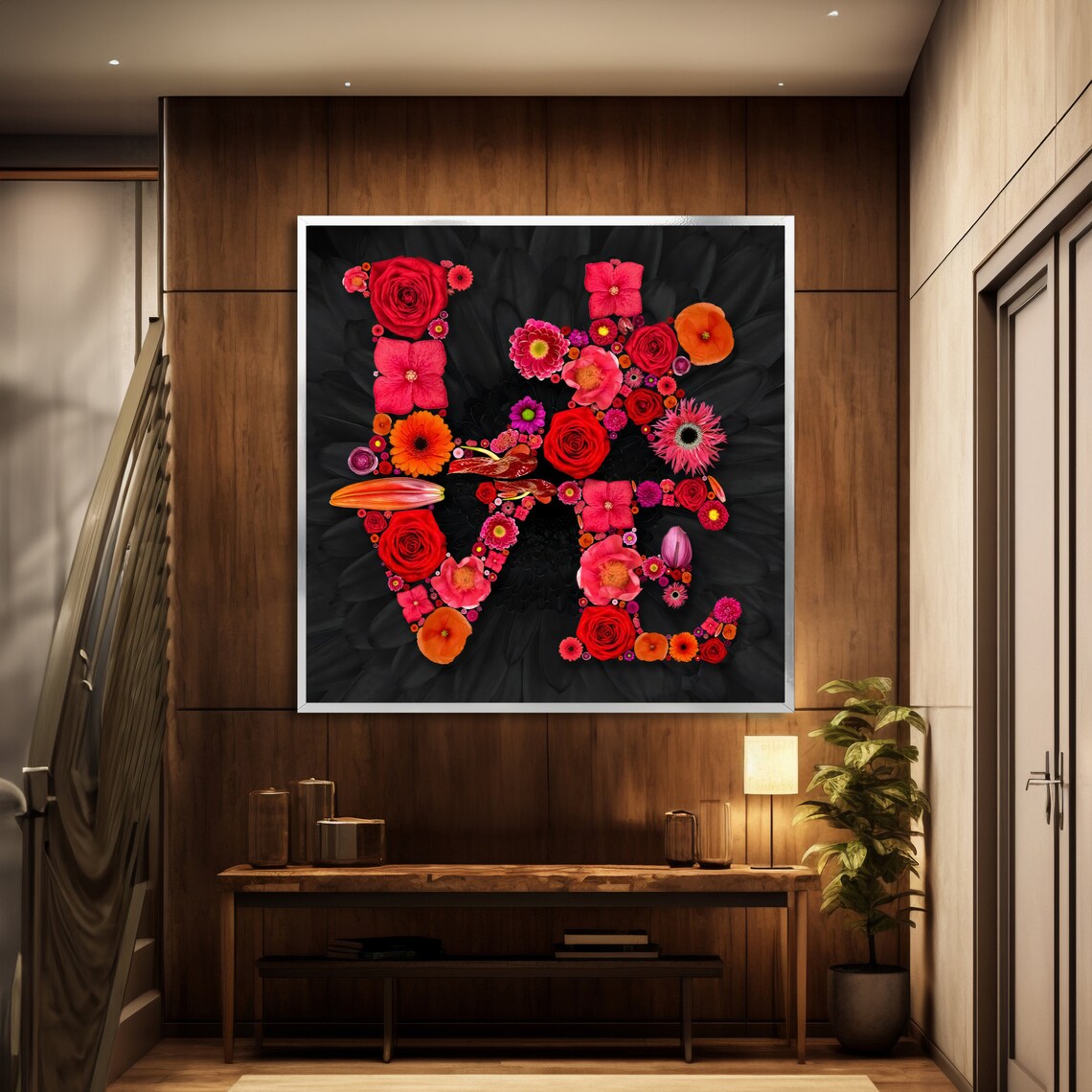 LOVE Word Formed Entirely From Red and Pink Blooms on Black Art Poster - Image 2