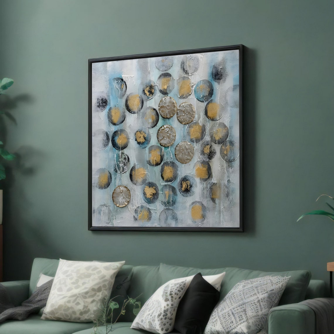 Modern Abstract Circles Contemporary Wall Art Blue And Gold Geometric Print Wall Art Design Ready To Hang Decoration