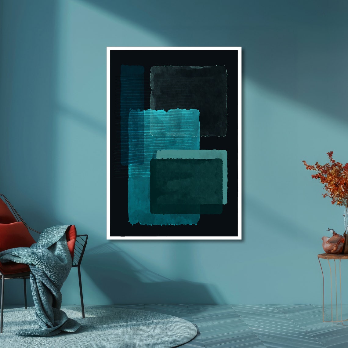 Deep Teal Rectangles on Black in Rothko Style Abstract Poster - Image 6