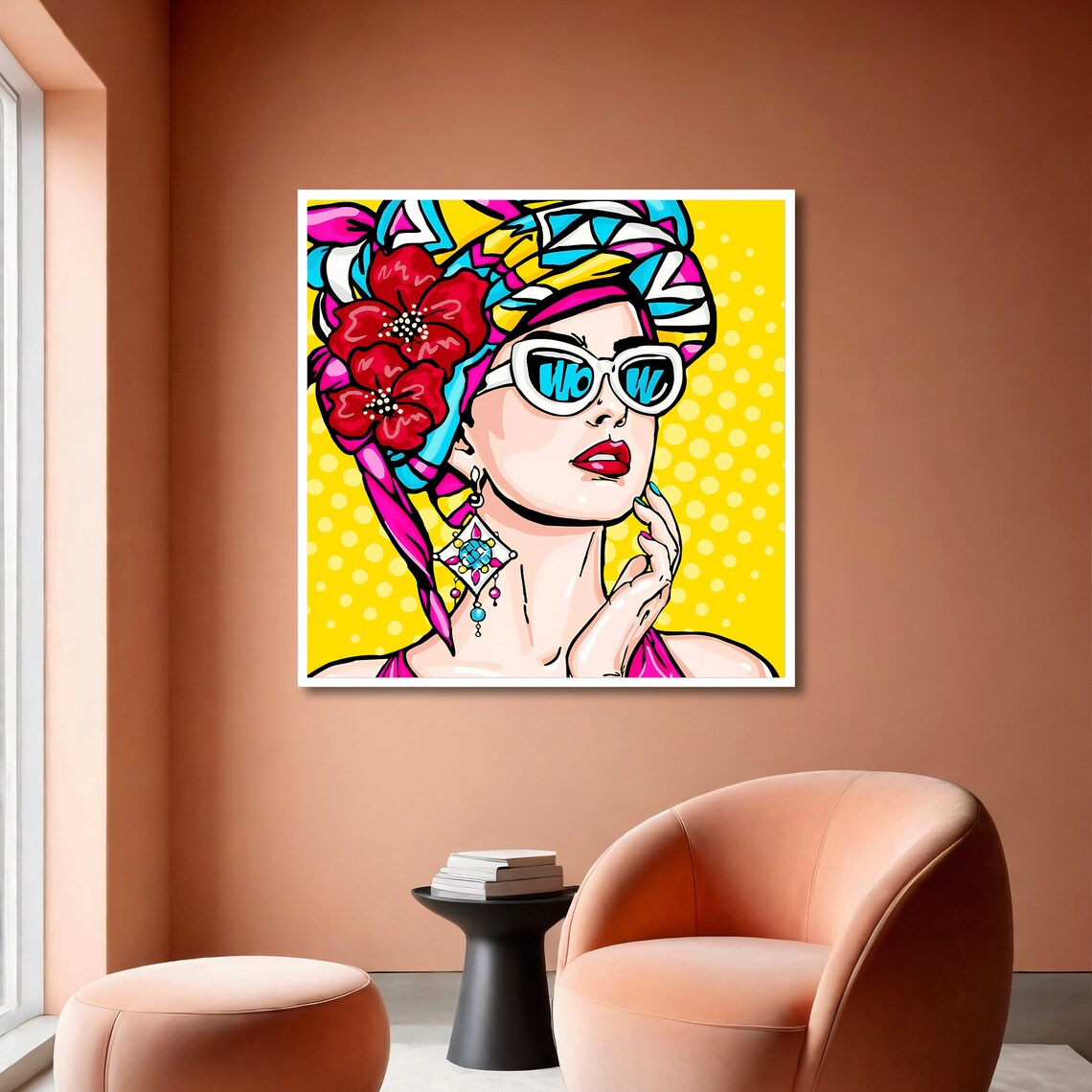 Pop Art Woman WOW Sunglasses Floral Headscarf Retro Beauty Poster - Image 6
