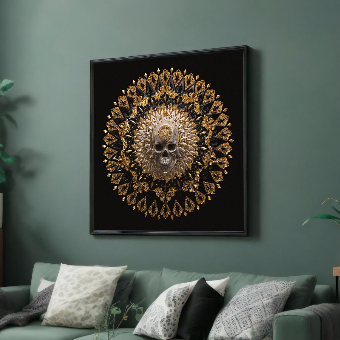 Golden Ornate Mandala Centered on a Skull Gothic Luxury Black Art Poster