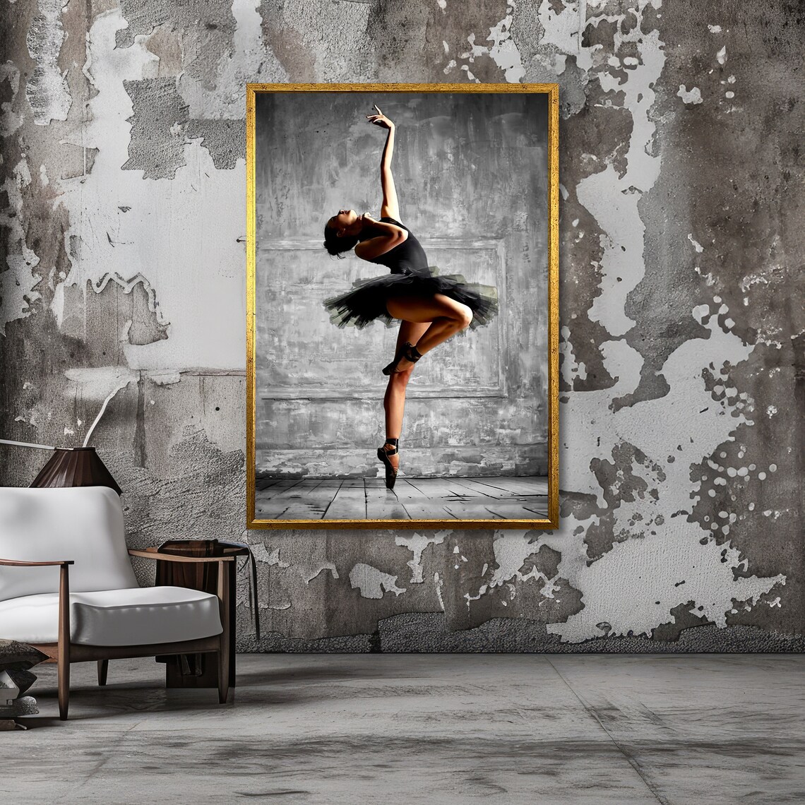 Graceful Ballerina in a Black Tutu Leaping Against Gray Wall Poster - Image 5
