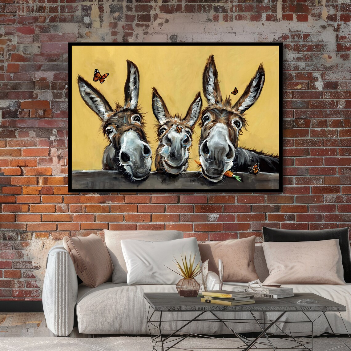 Cheerful Donkey Trio Butterflies Farmhouse Animal Art Poster - Image 4