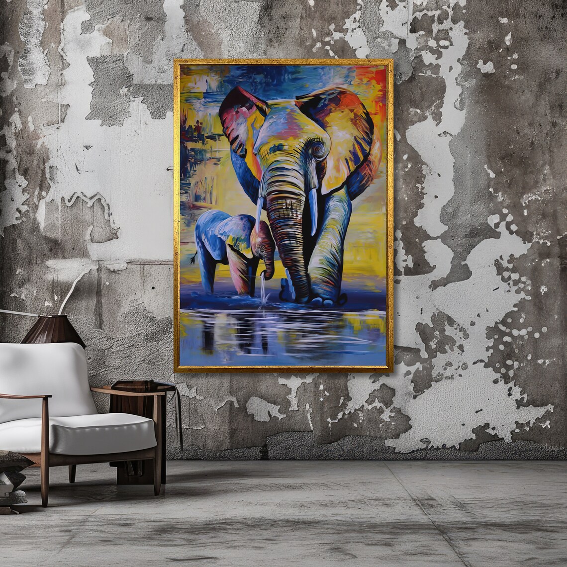 Colorful Elephant and Calf Crossing Water Vibrant Art Poster - Image 5