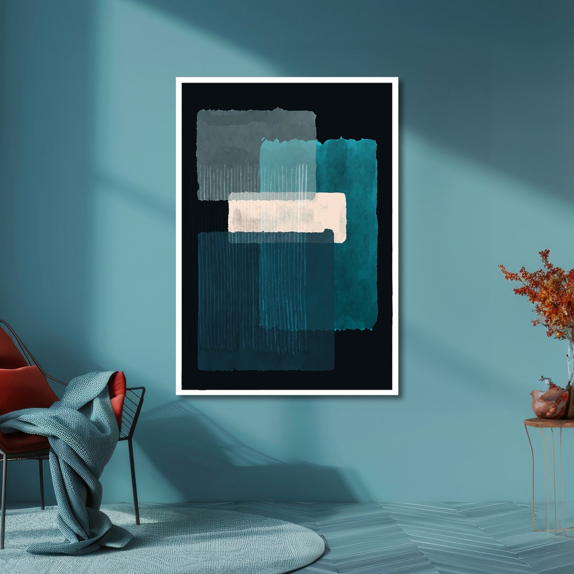 Abstract Teal and White Brushstroke Blocks on Black Modern Art Poster - Image 6