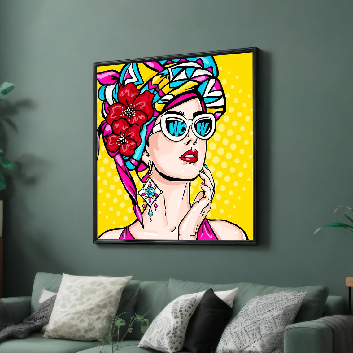 Pop Art Woman WOW Sunglasses Floral Headscarf Retro Beauty Poster