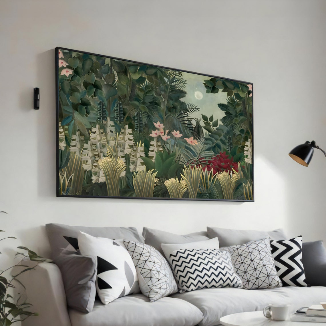 Moonlit Tropical Jungle with White Blossoms Rousseau-Style Poster