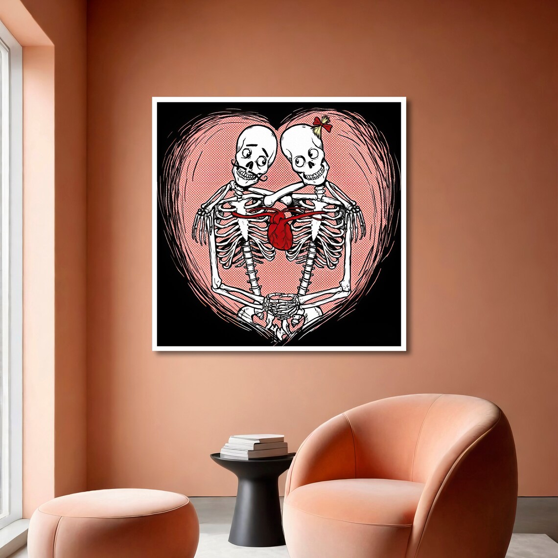 Embracing Skeleton Couple Sharing One Red Heart Gothic Romance Art Poster - Image 6