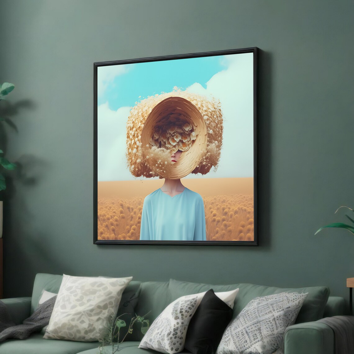 Straw Flower Hat Woman Wheat Field Surreal Portrait Art Poster