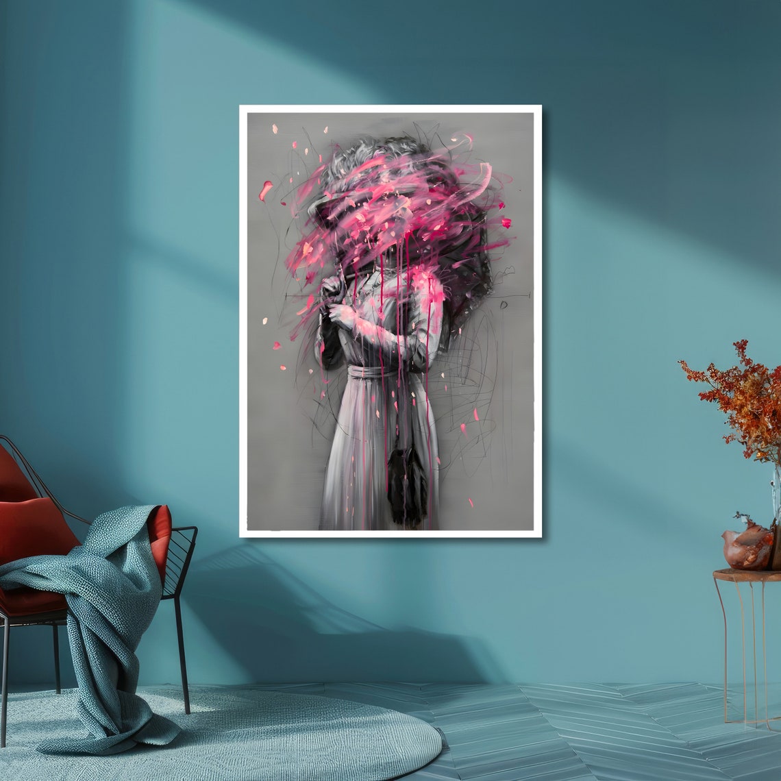 Woman With Pink Paint Explosion Head Abstract Drip Art Poster - Image 6