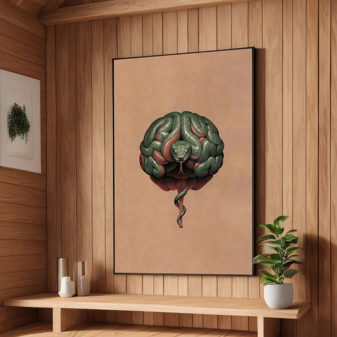 Brain With a Snake in a Reptilian Mind Surreal Illustration Poster