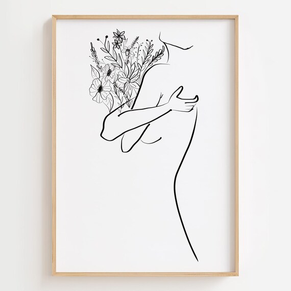 Floral Woman Line Art Print, Minimalist Figure