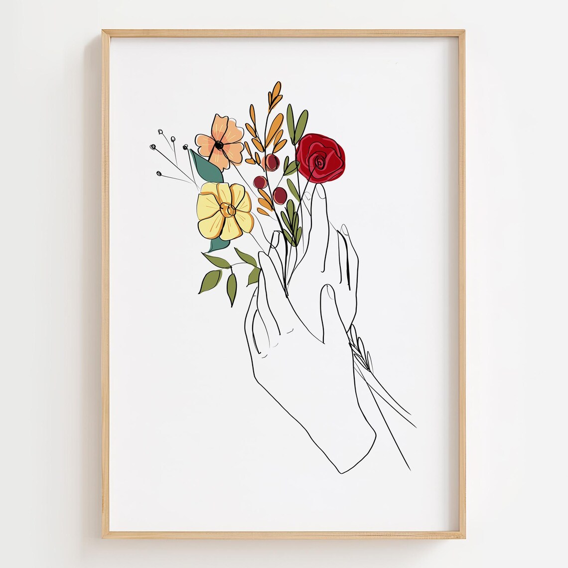 Woman's Hands Holding Wildflowers Floral Line Art Minimalist Poster